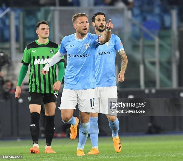 Ciro Immobile of SS Lazio celebrates after scoring a goal that will be canceled during the Serie A match between SS Lazio and US Sassuolo at Stadio...
