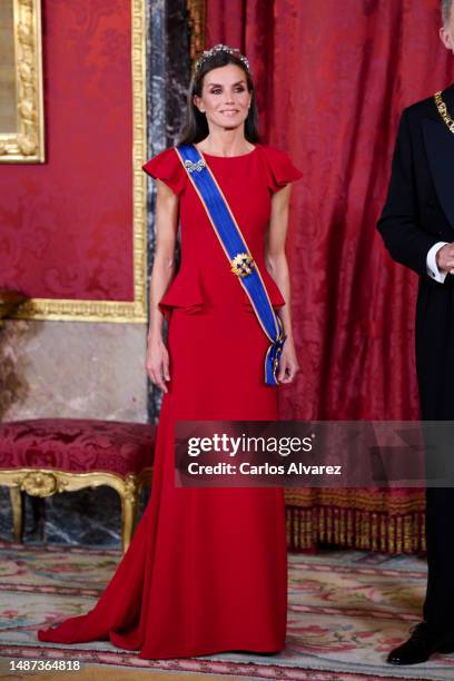 Queen Letizia of Spain hosts a Gala dinner for the President of Colombia Gustavo Francisco Petro and his wife Veronica Alcocer at the Royal Palace on...