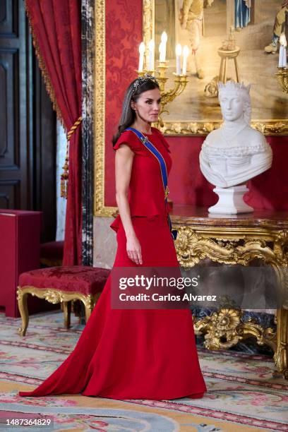 Queen Letizia of Spain hosts a Gala dinner for the President of Colombia Gustavo Francisco Petro and his wife Veronica Alcocer at the Royal Palace on...