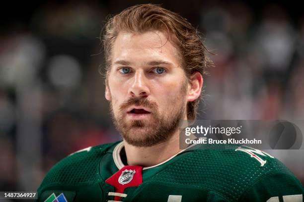 Marcus Foligno of the Minnesota Wild prepares to play the Dallas Stars before Game Six of the First Round of the 2023 Stanley Cup Playoffs at Xcel...