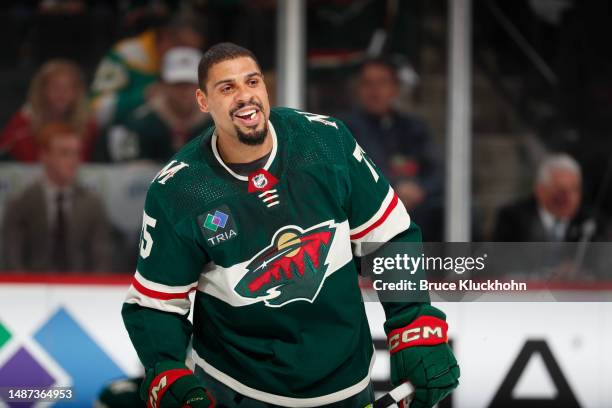 Ryan Reaves of the Minnesota Wild prepares to play the Dallas Stars before Game Six of the First Round of the 2023 Stanley Cup Playoffs at Xcel...