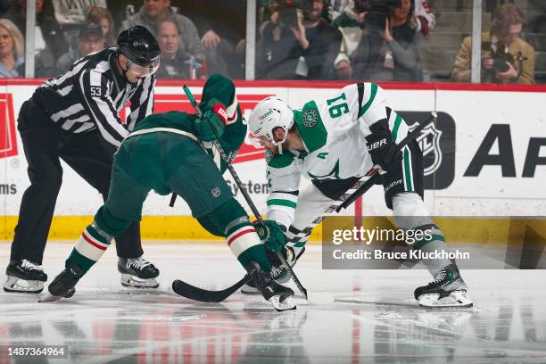 Tyler Seguin of the Dallas Stars waits for linesman Bevan Mills to drop the puck on a faceoff with the Minnesota Wild in the first period of Game Six...