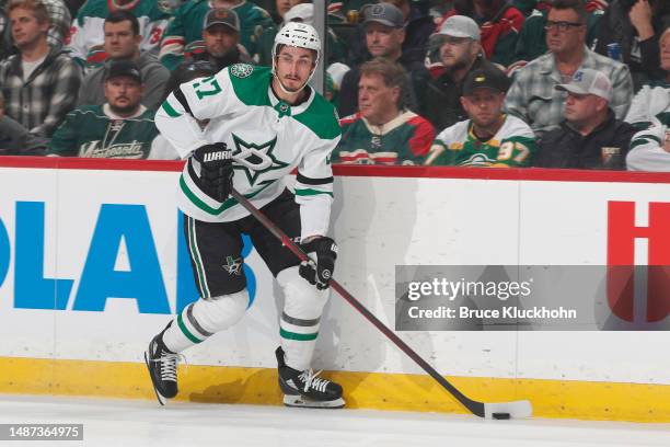 Mason Marchment of the Dallas Stars skates against the Minnesota Wild in period one of Game Six of the First Round of the 2023 Stanley Cup Playoffs...