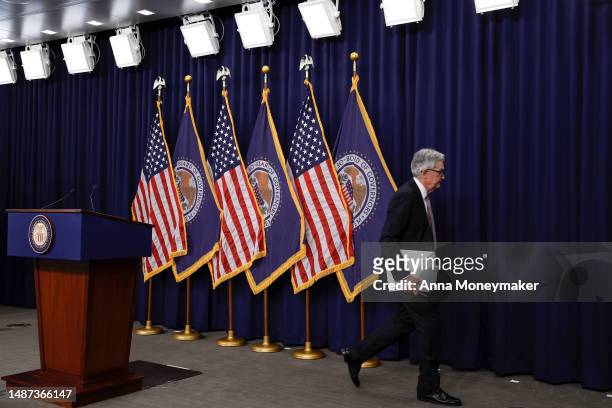 Federal Reserve Board Chairman Jerome Powell departs after giving remarks at a news conference following a Federal Open Market Committee meeting on...