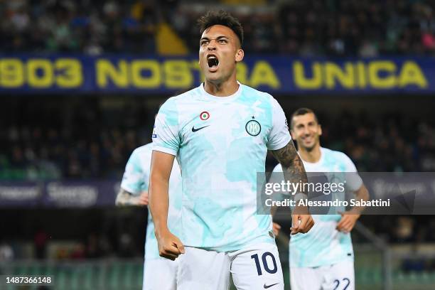 Lautaro Martinez of FC Internazionale celebrates after scoring the team's fourth goal during the Serie A match between Hellas Verona and FC...