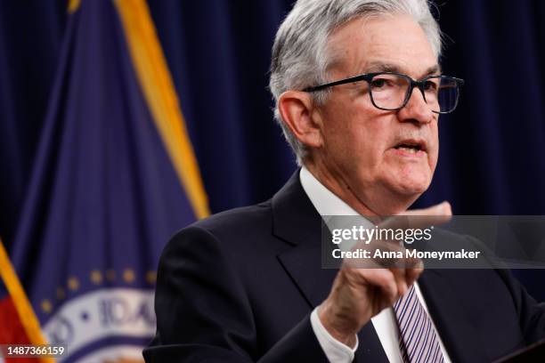 Federal Reserve Board Chairman Jerome Powell delivers remarks at a news conference following a Federal Open Market Committee meeting on May 3, 2023...