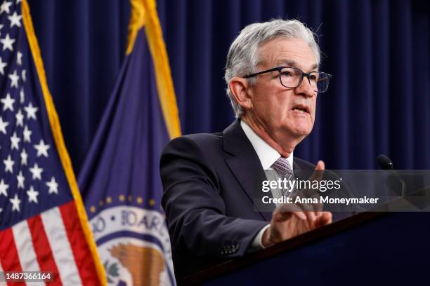 Federal Reserve Board Chairman Jerome Powell delivers remarks at a news conference following a Federal Open Market Committee meeting on May 3, 2023...