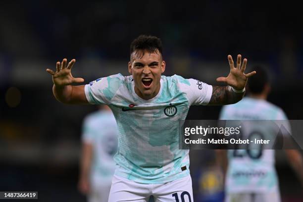 Lautaro Martinez of FC Internazionale celebrates after scoring the fourth goal during the Serie A match between Hellas Verona and FC Internazionale...