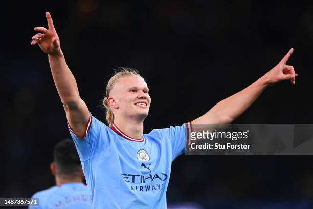 Erling Haaland of Manchester City celebrates after scoring the team's second goal, and their record breaking 35th Premier League goal of the season...