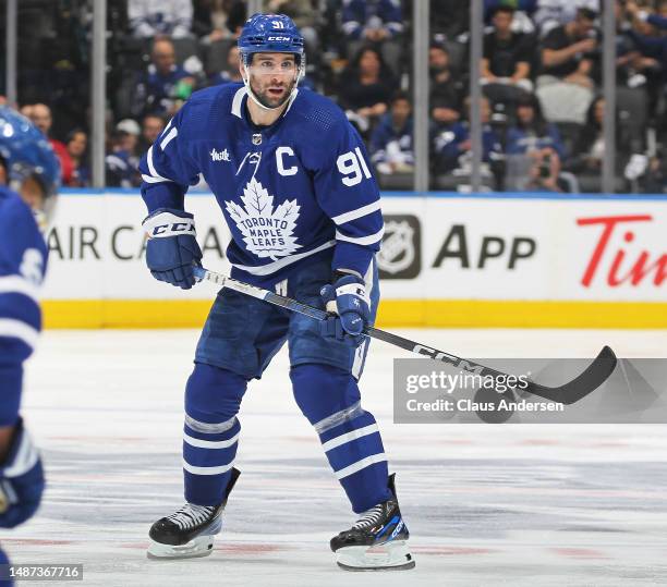 John Tavares of the Toronto Maple Leafs skates against the Florida Panthers during Game One of the Second Round of the 2023 Stanley Cup Playoffs at...