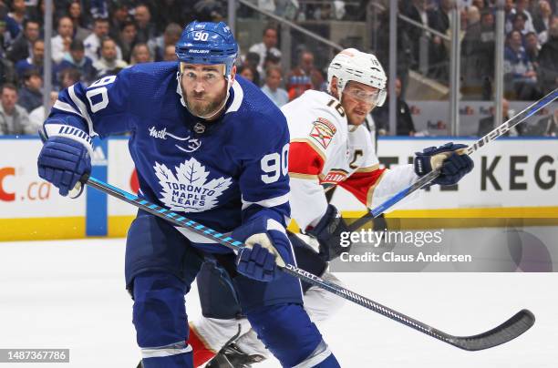 Ryan O'Reilly of the Toronto Maple Leafs skates against the Florida Panthers during Game One of the Second Round of the 2023 Stanley Cup Playoffs at...