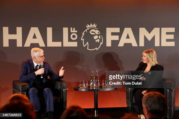 Arsene Wenger speaks alongside Kelly Cates during a Premier League Hall of Fame event on May 03, 2023 in London, England.