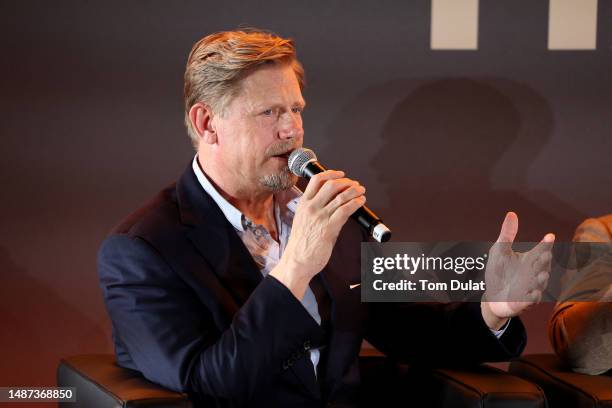 Peter Schmeichel speaks during a Premier League Hall of Fame event on May 03, 2023 in London, England.