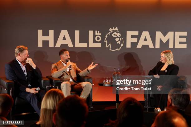 Peter Schmeichel and Rio Ferdinand speak alongside Kelly Cates during a Premier League Hall of Fame event on May 03, 2023 in London, England.