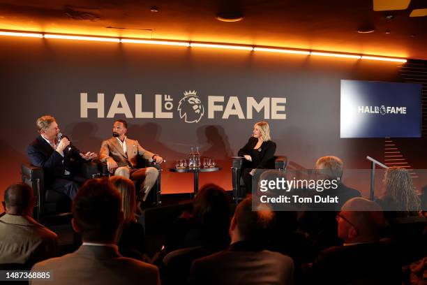 Peter Schmeichel and Rio Ferdinand speak alongside Kelly Cates during a Premier League Hall of Fame event on May 03, 2023 in London, England.