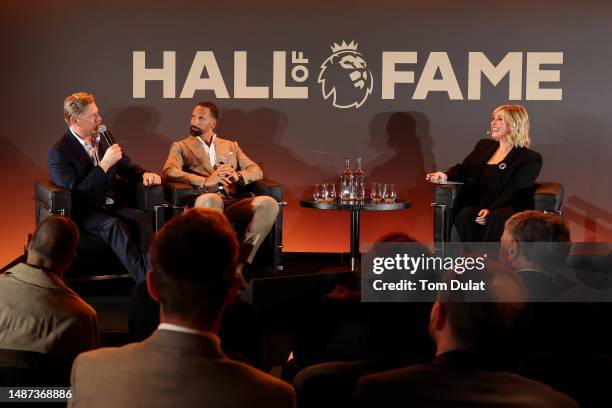 Peter Schmeichel and Rio Ferdinand speak alongside Kelly Cates during a Premier League Hall of Fame event on May 03, 2023 in London, England.