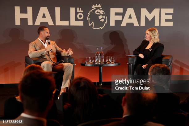Rio Ferdinand speaks alongside Kelly Cates during a Premier League Hall of Fame event on May 03, 2023 in London, England.