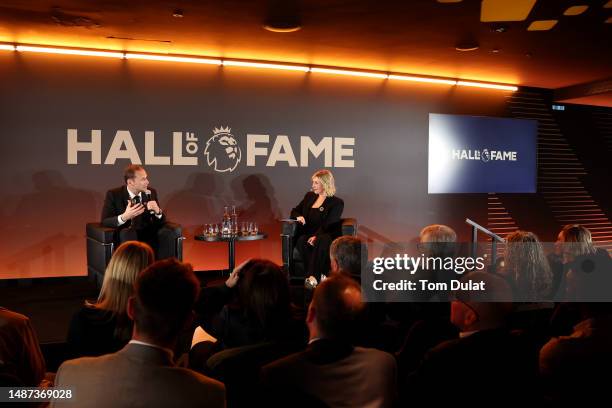 Petr Cech speaks alongside Kelly Cates during a Premier League Hall of Fame event on May 03, 2023 in London, England.