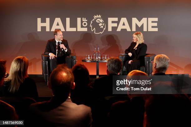 Petr Cech speaks alongside Kelly Cates during a Premier League Hall of Fame event on May 03, 2023 in London, England.