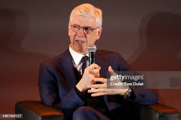 Arsene Wenger speaks during a Premier League Hall of Fame event on May 03, 2023 in London, England.