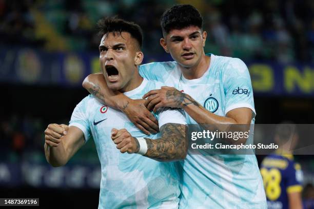 Lautaro Martinez of FC Internazionale celebrates after scoring his team's sixth goal during the Serie A match between Hellas Verona and FC...