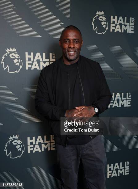 Actor, Idris Elba arrives during a Premier League Hall of Fame event on May 03, 2023 in London, England.