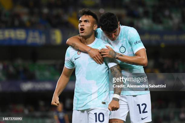 Lautaro Martinez of FC Internazionale celebrates after scoring the team's sixth goal during the Serie A match between Hellas Verona and FC...