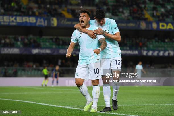 Lautaro Martinez of FC Internazionale celebrates after scoring the team's sixth goal during the Serie A match between Hellas Verona and FC...