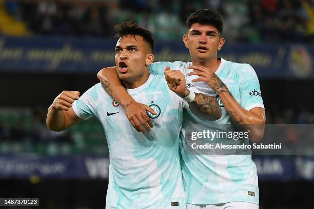 Lautaro Martinez of FC Internazionale celebrates after scoring the team's sixth goal during the Serie A match between Hellas Verona and FC...