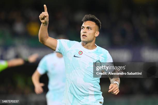 Lautaro Martinez of FC Internazionale celebrates after scoring the team's fourth goal during the Serie A match between Hellas Verona and FC...