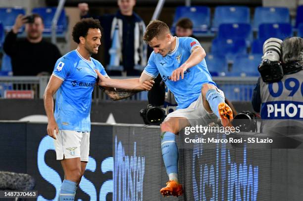 Toma Basic of SS Lazio celebrates a second goal during the Serie A match between SS Lazio and US Sassuolo at Stadio Olimpico on May 03, 2023 in Rome,...