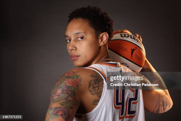 Brittney Griner of the Phoenix Mercury poses for a portrait during the WNBA media day at Footprint Center on May 03, 2023 in Phoenix, Arizona. NOTE...