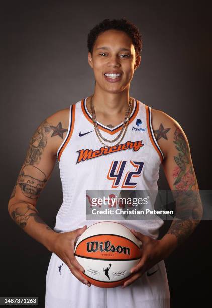Brittney Griner of the Phoenix Mercury poses for a portrait during the WNBA media day at Footprint Center on May 03, 2023 in Phoenix, Arizona. NOTE...