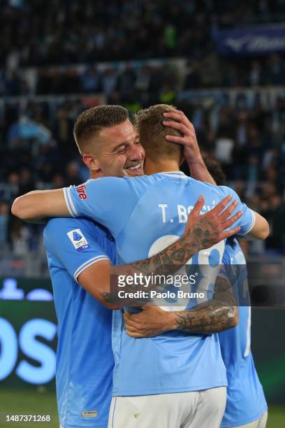 Toma Basic and Sergej Milinkovic Savic of SS Lazio celebrates after scoring the team's second goal during the Serie A match between SS Lazio and US...