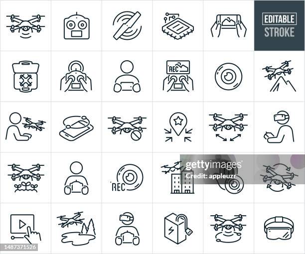 illustrations, cliparts, dessins animés et icônes de icônes de ligne mince drone, uav et quadcopter - trait modifiable - vue subjective de drone