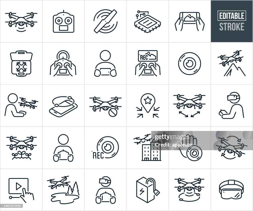 Drone, UAV And Quadcopter Thin Line Icons - Editable Stroke