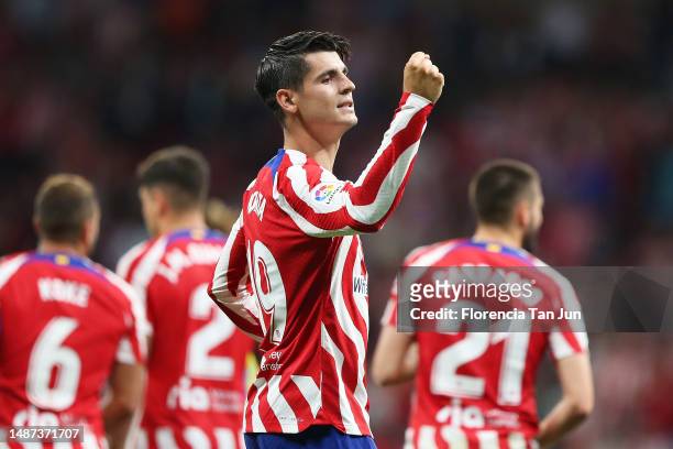 Alvaro Morata of Atletico Madrid celebrates after scoring the team's third goal during the LaLiga Santander match between Atletico de Madrid and...