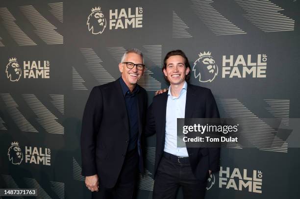 Gary Lineker and Angus Lineker pose for a photograph during a Premier League Hall of Fame event on May 03, 2023 in London, England.