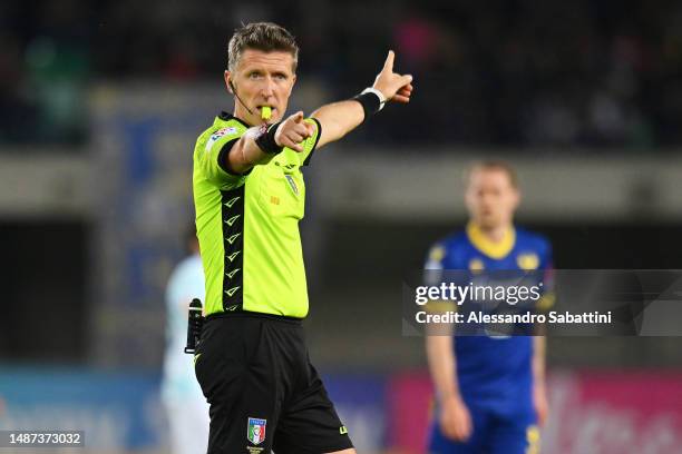 Referee Daniele Orsato looks on during the Serie A match between Hellas Verona and FC Internazionale at Stadio Marcantonio Bentegodi on May 03, 2023...