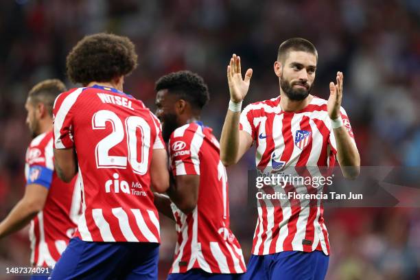 Yannick Ferreira Carrasco of Atletico Madrid celebrates after scoring the team's fourth goal from the penalty spot during the LaLiga Santander match...