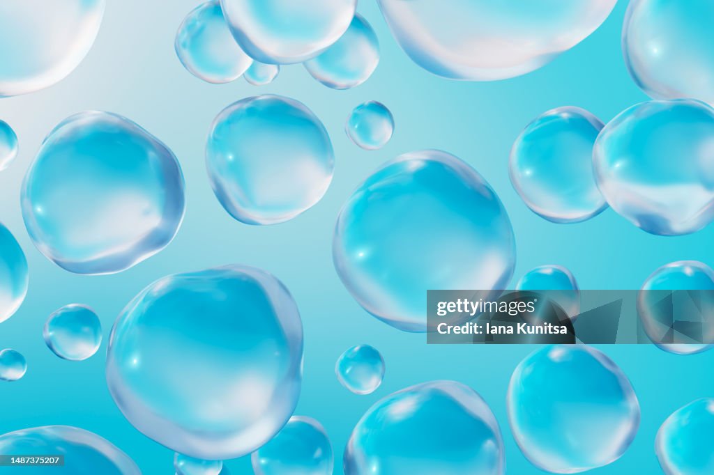 Blue molecules, bubbles, water drops. 3D liquid pattern. Beauty background. Healthcare and medicine.