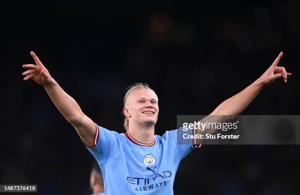 Manchester City striker Erling Haaland celebrates after scoring the 2nd City goal and his record breaking 35th Premier League goal of the season...