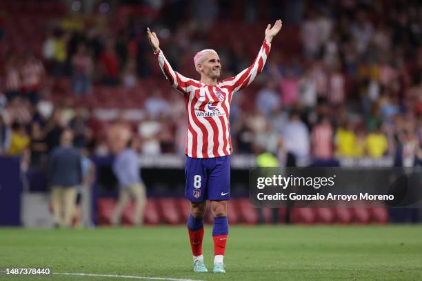 Antoine Griezmann of Atletico de Madrid celebrates with the audience after winning the LaLiga Santander match between Atletico de Madrid and Cadiz CF...