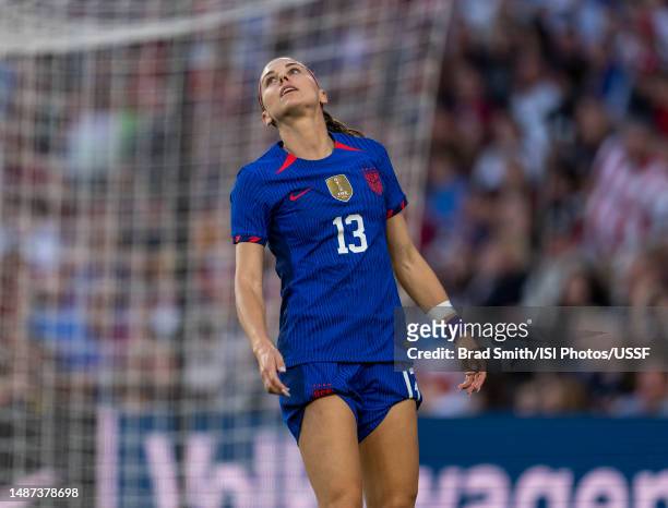 Alex Morgan of the United States reacts to a missed shot during a game between the Republic of Ireland and the USWNT at CITYPARK on April 11, 2023 in...