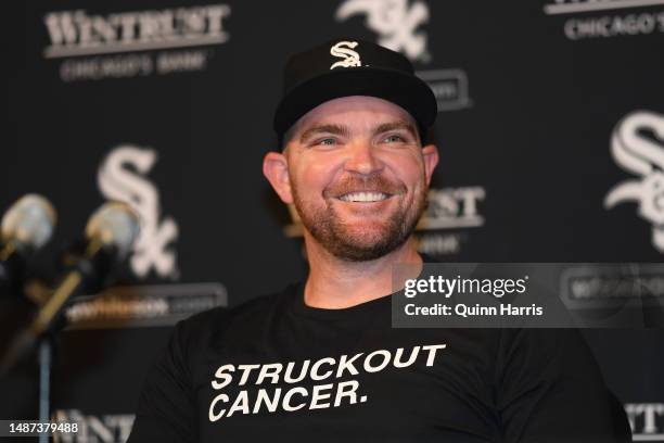 Liam Hendriks of the Chicago White Sox takes questions from reporters before the game against the Tampa Bay Rays at Guaranteed Rate Field on May 03,...