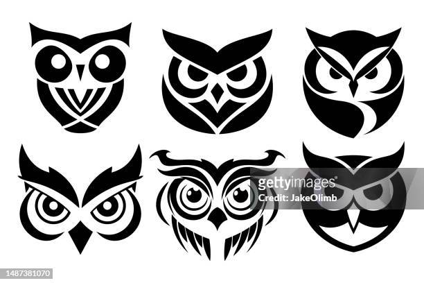 illustrazioni stock, clip art, cartoni animati e icone di tendenza di set di icone della faccia del gufo - owl