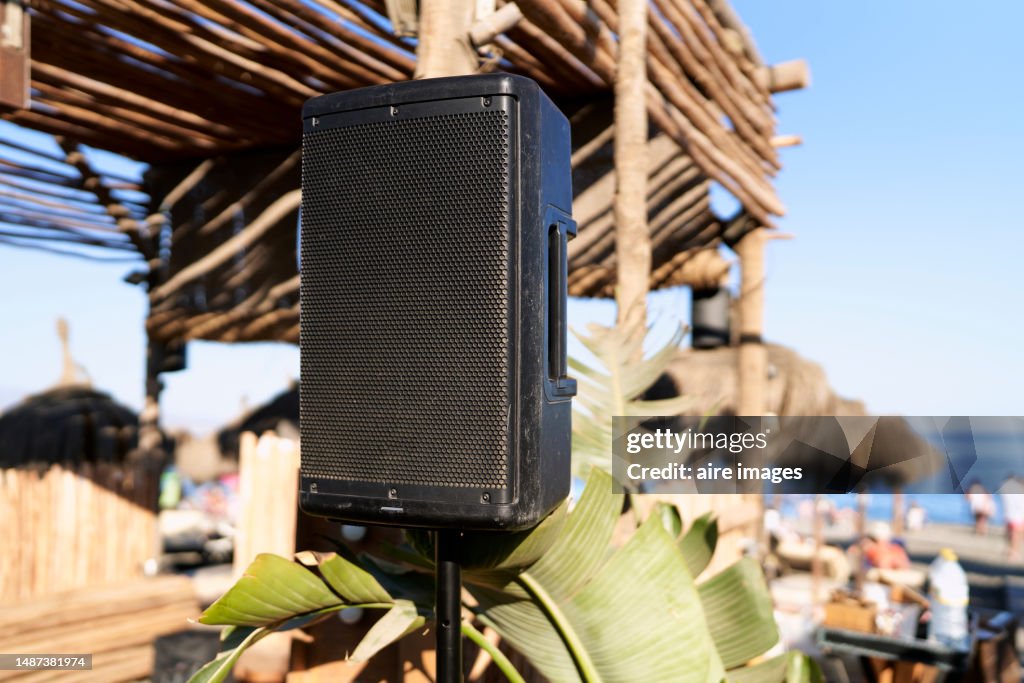 A large speaker on a metal stand, behind it some banana leaves, a sunny environment and in the background some huts, people blurred image.