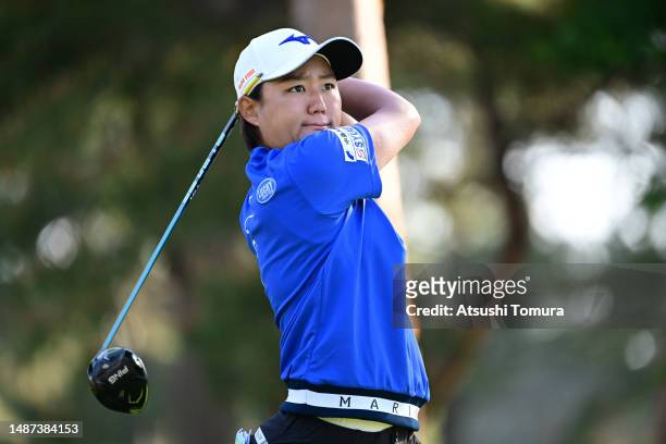 Mao Nozawa of Japan hits her tee shot on the 2nd hole during the first round of World Ladies Championship Salonpas Cup at Ibaraki Golf Club West...