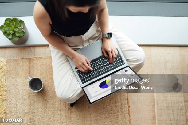 elevated view of business woman making financial planning with laptop - computer data stock pictures, royalty-free photos & images