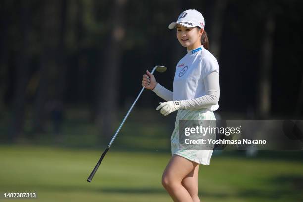 Haruka Kawasaki of Japan reacts on the 10th hole during the first round of World Ladies Championship Salonpas Cup at Ibaraki Golf Club West Course on...